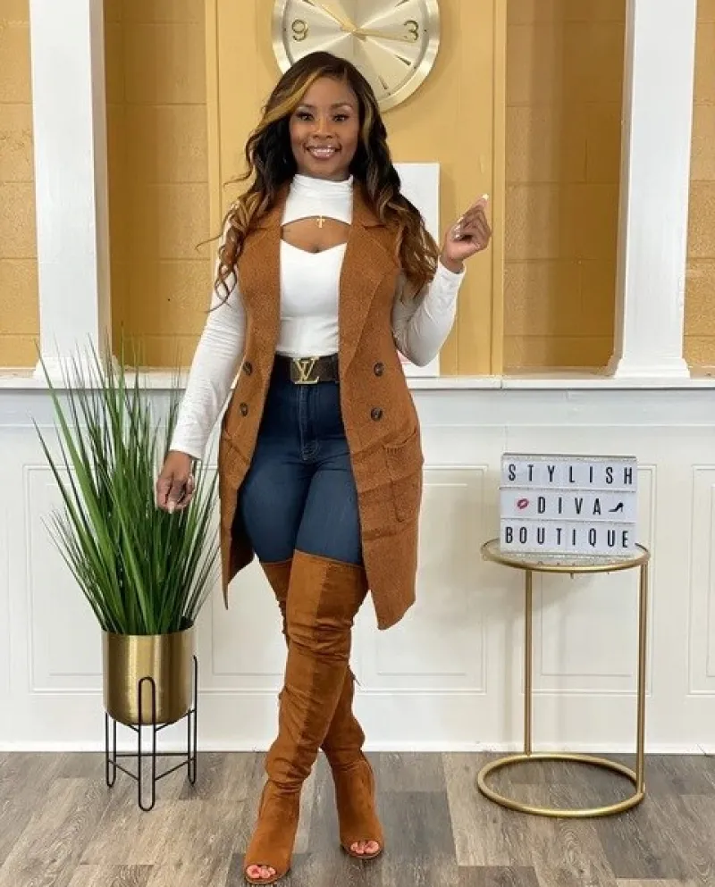 Maglione lungo da donna Gilet Autunno Inverno Moda Cardigan Cappotto senza maniche allentato causale