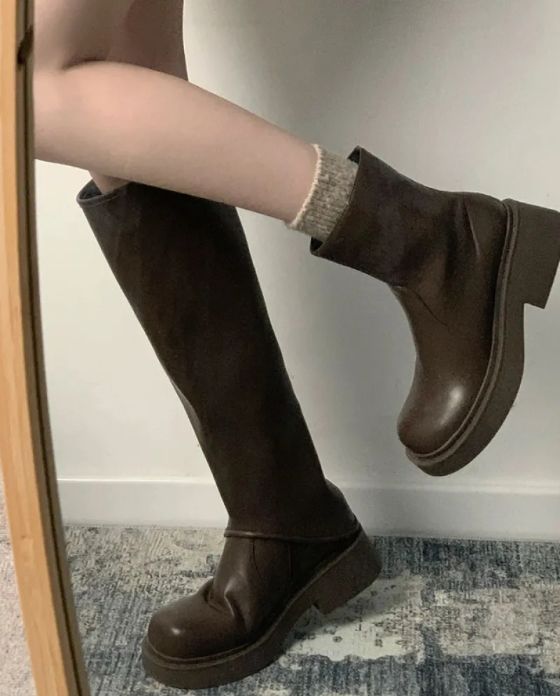Martin Boots Women's Autumn And Winter New Thick-soled Chelsea Boots Brown Retro All-match Long Boots