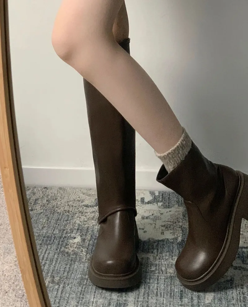 Martin Boots Women's Autumn And Winter New Thick-soled Chelsea Boots Brown Retro All-match Long Boots