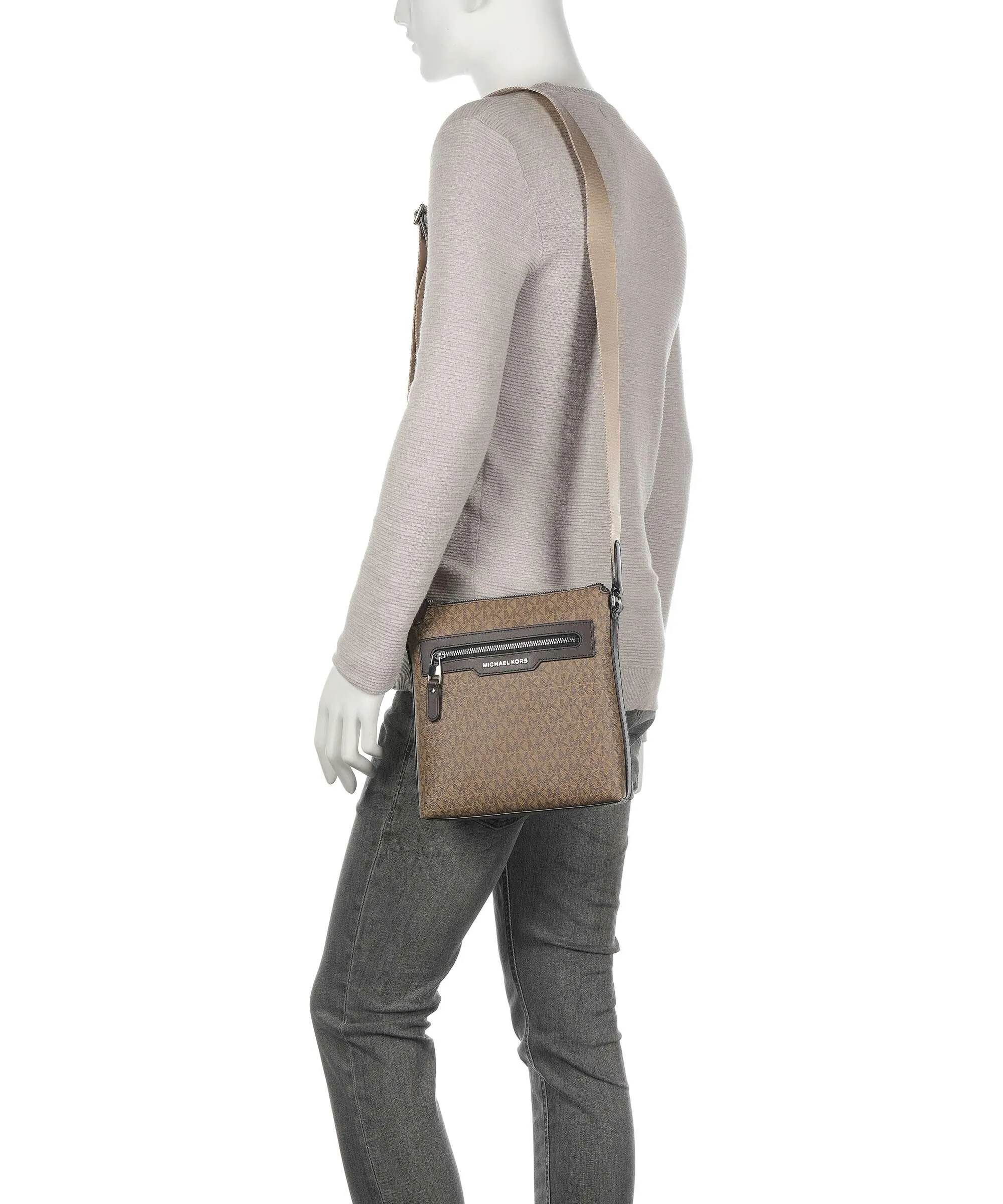  Michael Kors Hudson Borsa a tracolla pelle granulata, tela marrone  