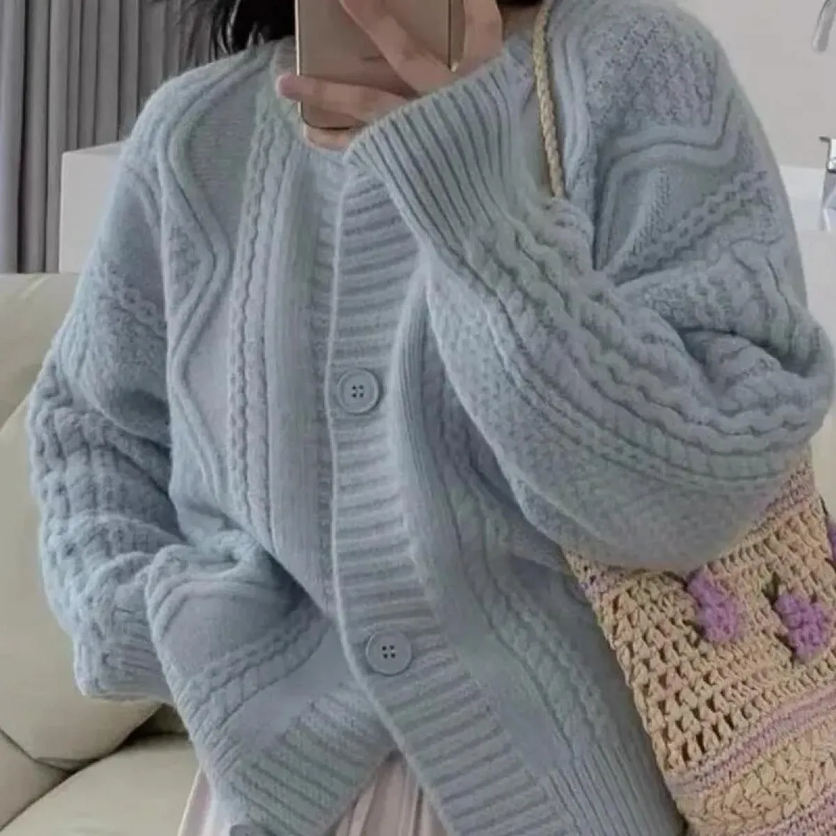 Morbido cardigan corto da donna 2023 autunno nuovo girocollo sciolto maglione lavorato a maglia intrecciato