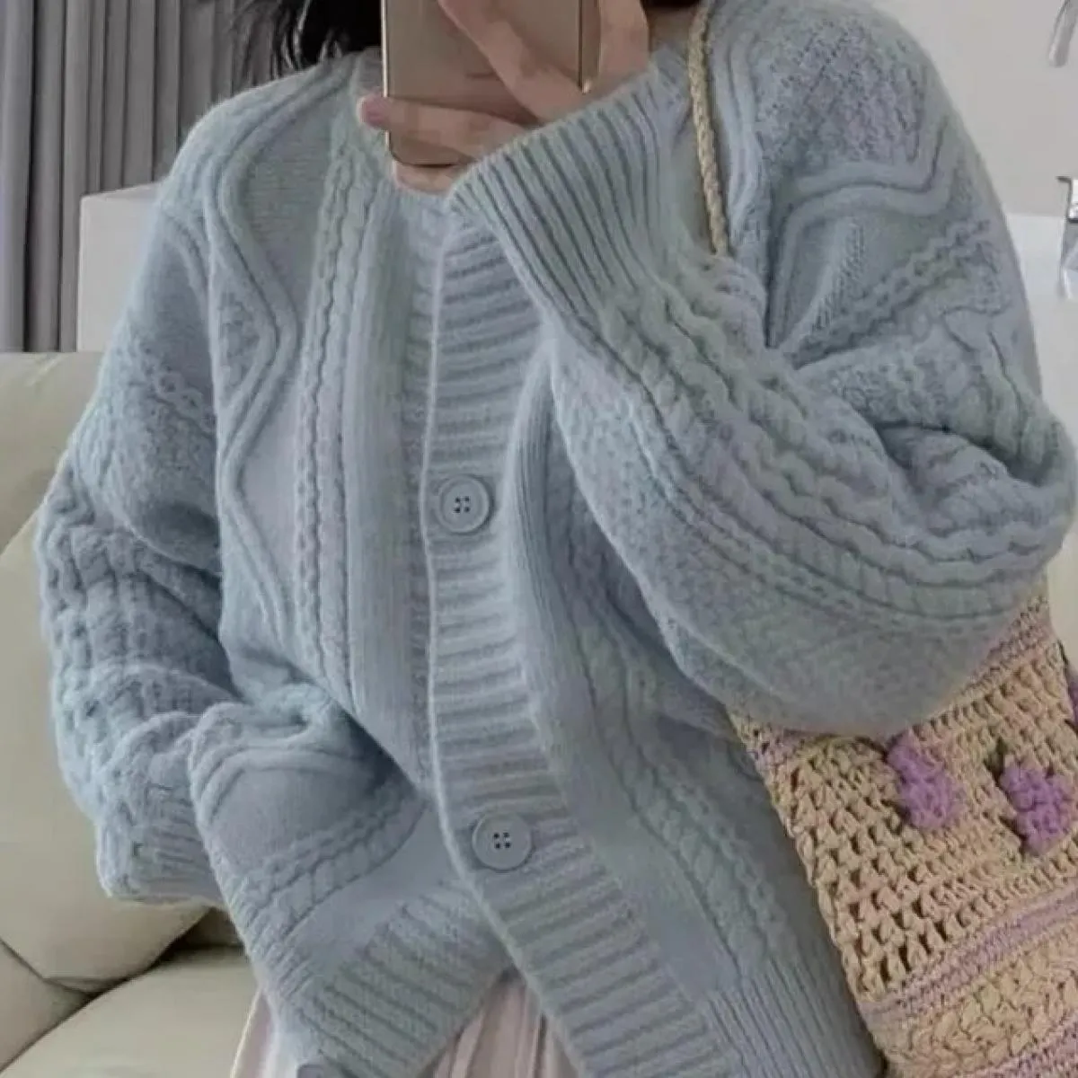 Morbido cardigan corto da donna 2023 autunno nuovo girocollo sciolto maglione lavorato a maglia intrecciato