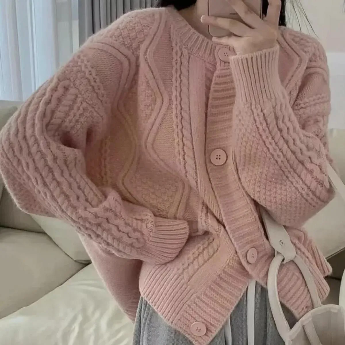 Morbido cardigan corto da donna 2023 autunno nuovo girocollo sciolto maglione lavorato a maglia intrecciato