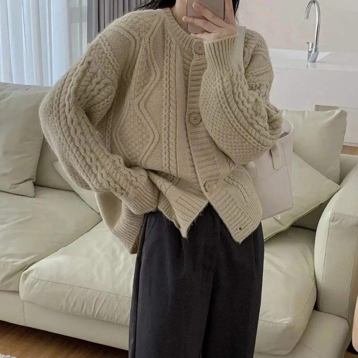 Morbido cardigan corto da donna 2023 autunno nuovo girocollo sciolto maglione lavorato a maglia intrecciato