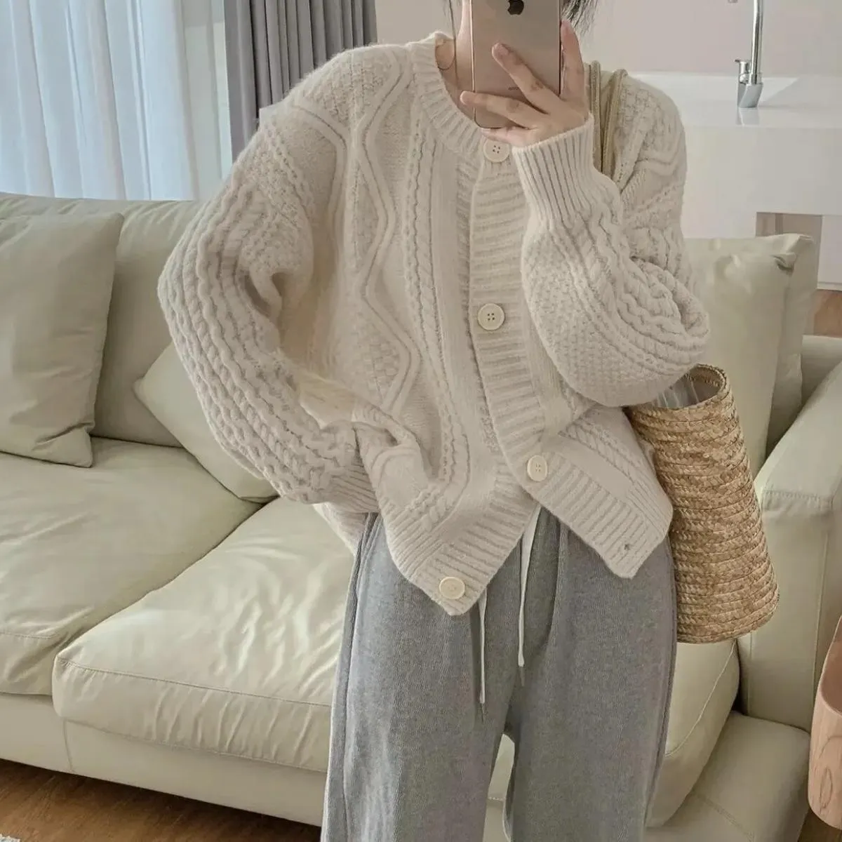 Morbido cardigan corto da donna 2023 autunno nuovo girocollo sciolto maglione lavorato a maglia intrecciato