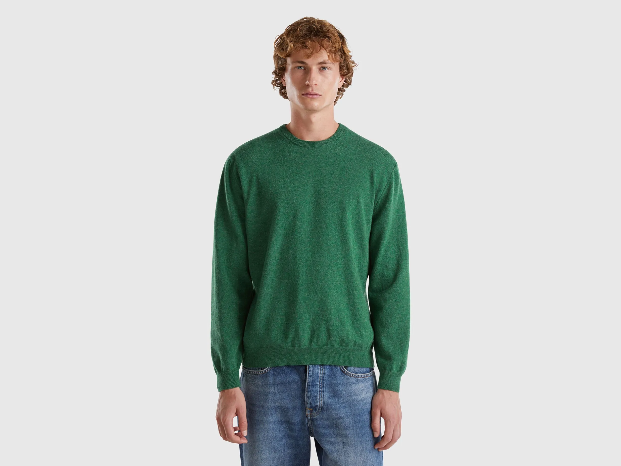 Nuovi arrivi Maglia girocollo verde mélange in pura lana Merino