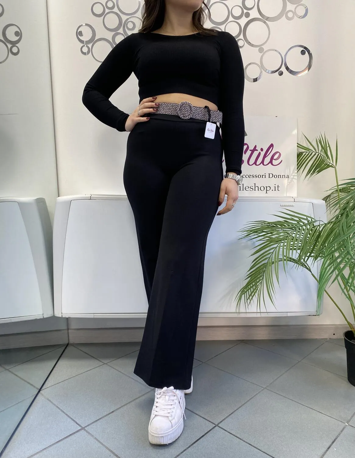 Pantalone a palazzo punto milano con cintura