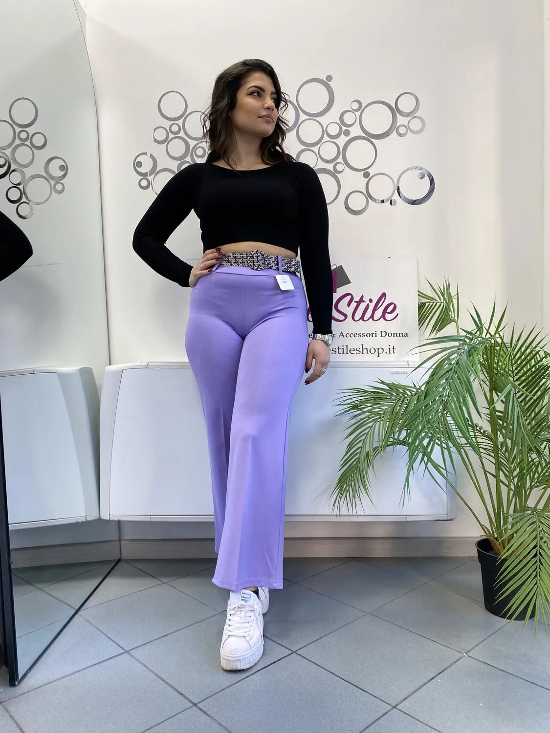 Pantalone a palazzo punto milano con cintura