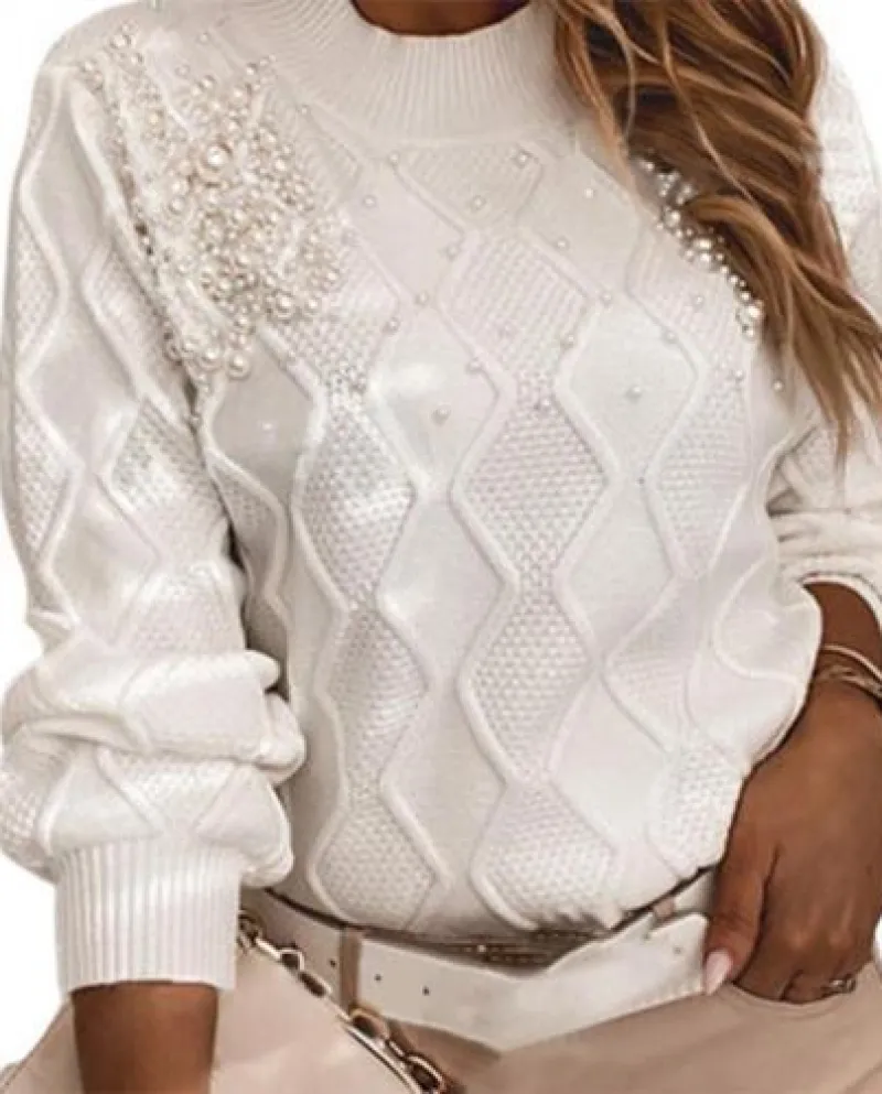 Perline Decor Donne Maglione A Maniche Lunghe In Fibra Acrilica Elegante Lavorato A Maglia
