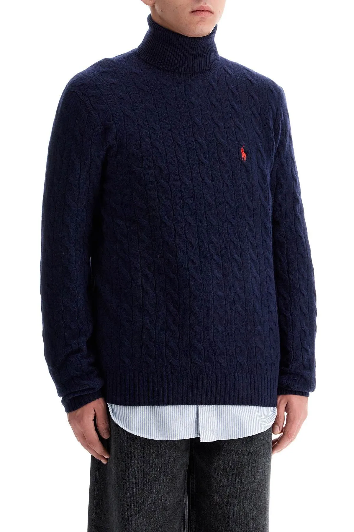 Pullover a collo alto in lana e cachemire a trecce