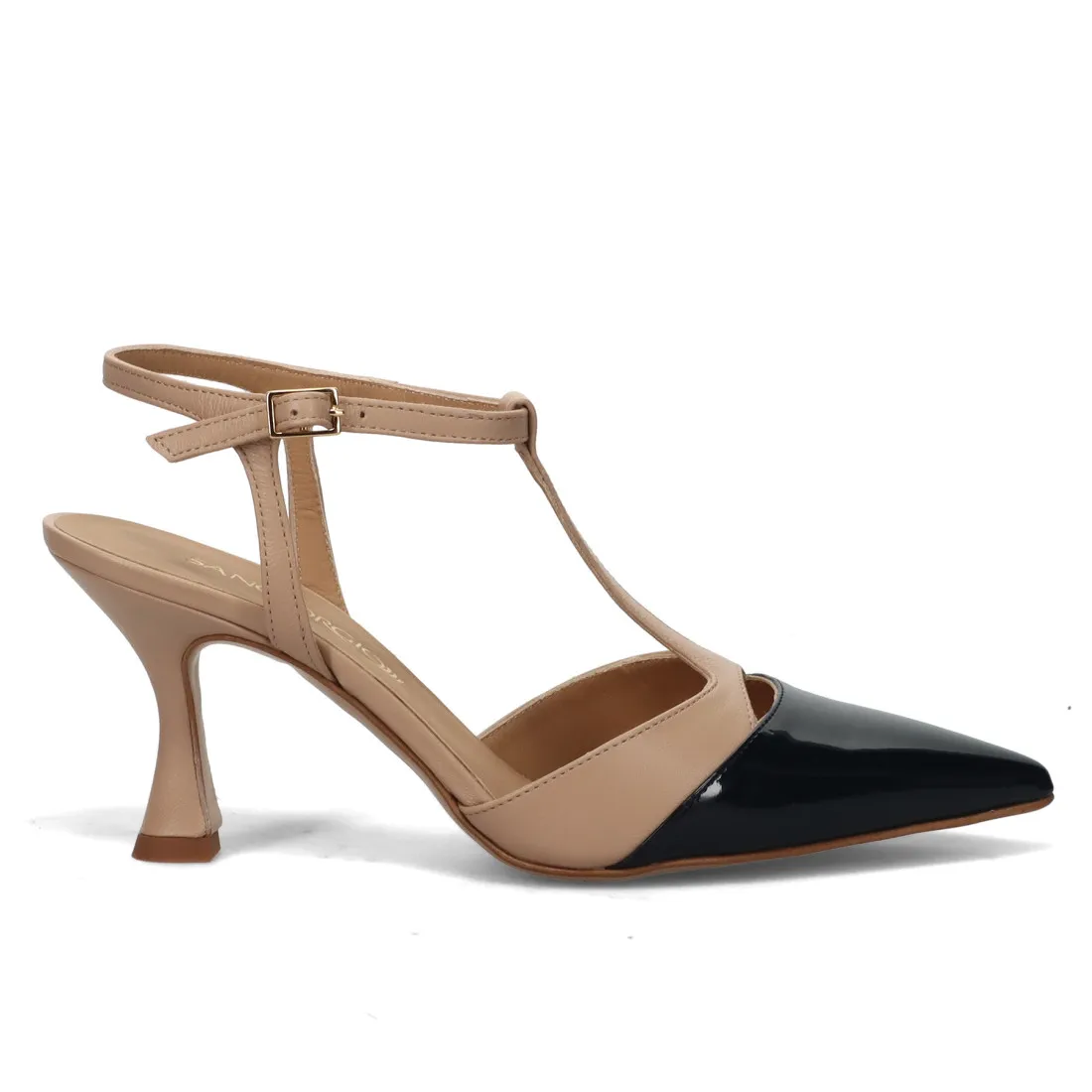 Slingback Sangiorgio in pelle beige e vernice nera con tacco medio