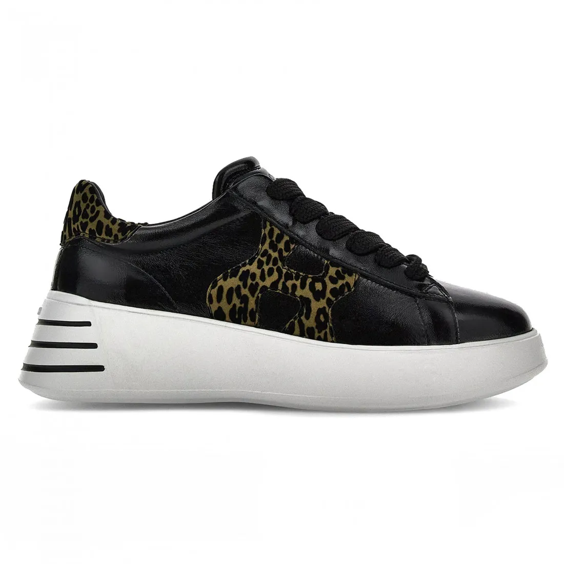 Sneaker Hogan Rebel H564 in vernice nera con H leopardata