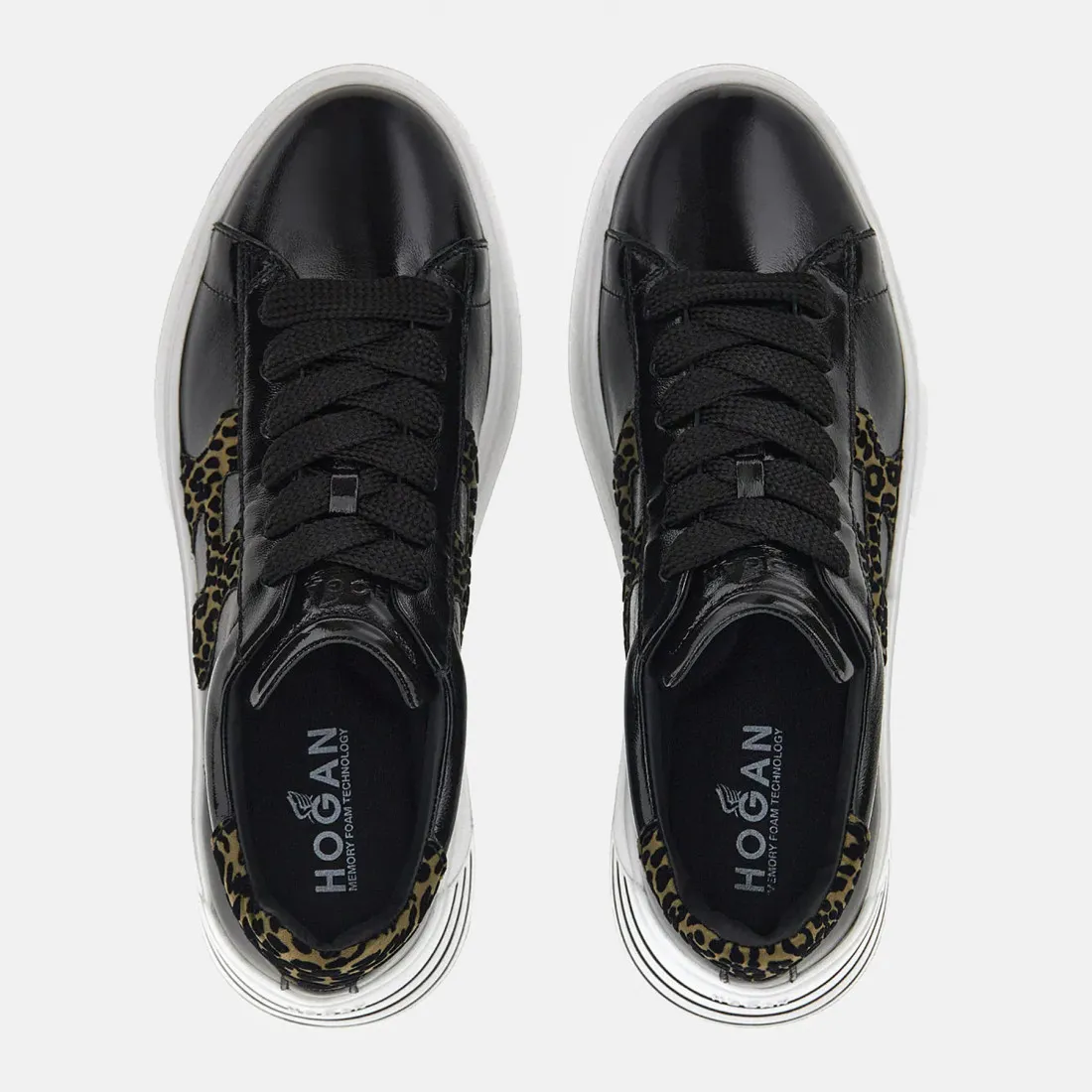 Sneaker Hogan Rebel H564 in vernice nera con H leopardata