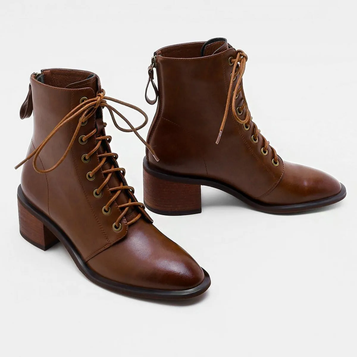 Stivaletti con cerniera posteriore Stivali con tacco quadrato stringati in vera pelle 2024 Scarpe invernali con punta quadrata D
