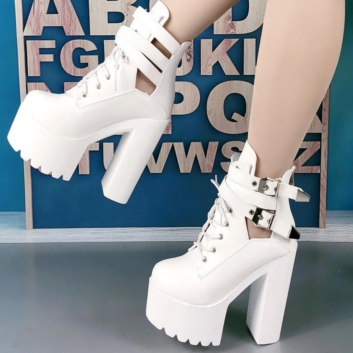 Stivaletti corti bianchi con tacco alto 14 cm tacco quadrato piattaforma impermeabile scarpe da donna passerella stivali da donn