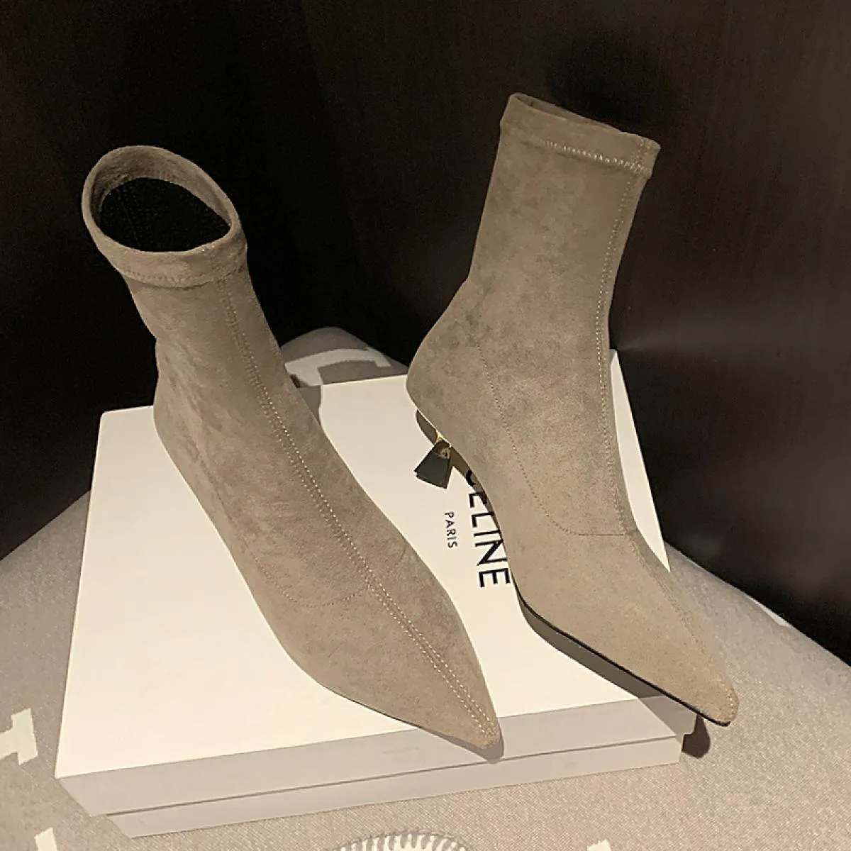 Stivaletti da donna concisi Punta a punta Tacchi alti sottili Autunno Inverno Stivali elasticizzati Scarpe Donna Office Lady Tag