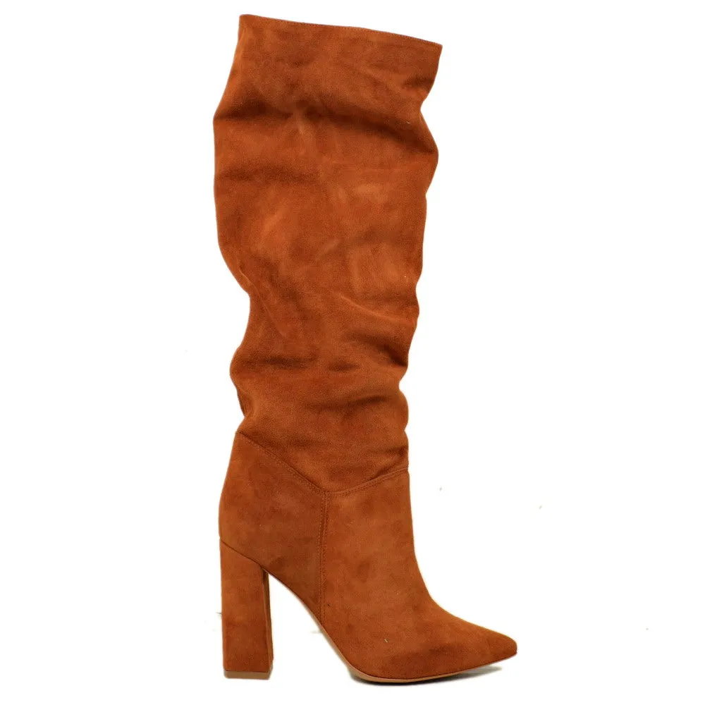 Stivali Donna Alti Cuoio in Camoscio Made in Italy con Tacco Alto