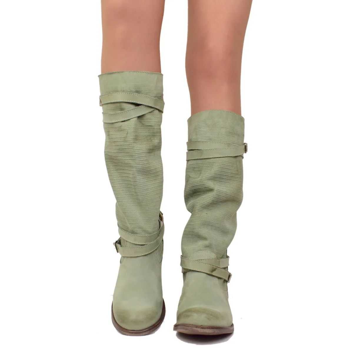 Stivali Donna color Verde Menta in Pelle Nabuk Zigrinati