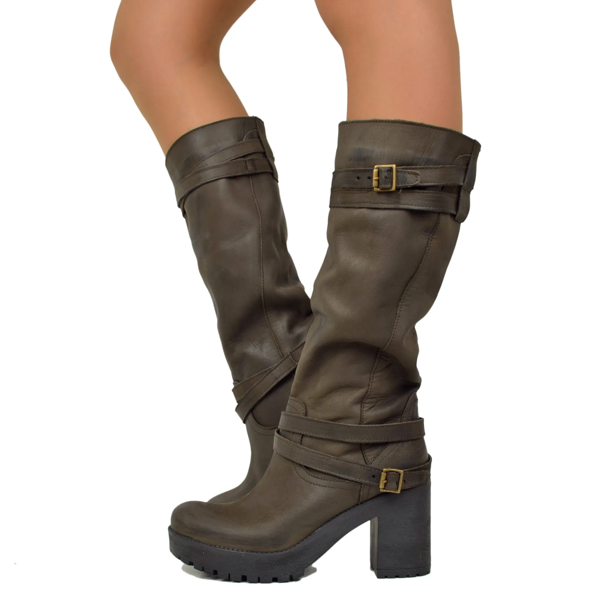 Stivali Donna con Cavigliera Pelle Nabuk Marrone Made in Italy