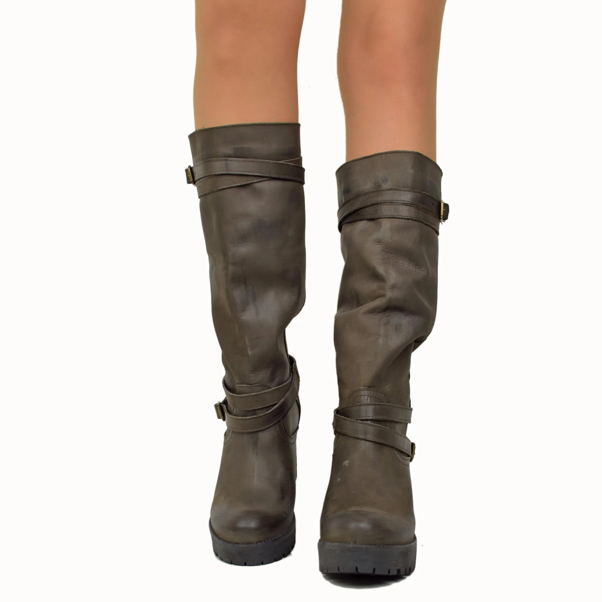 Stivali Donna con Cavigliera Pelle Nabuk Marrone Made in Italy