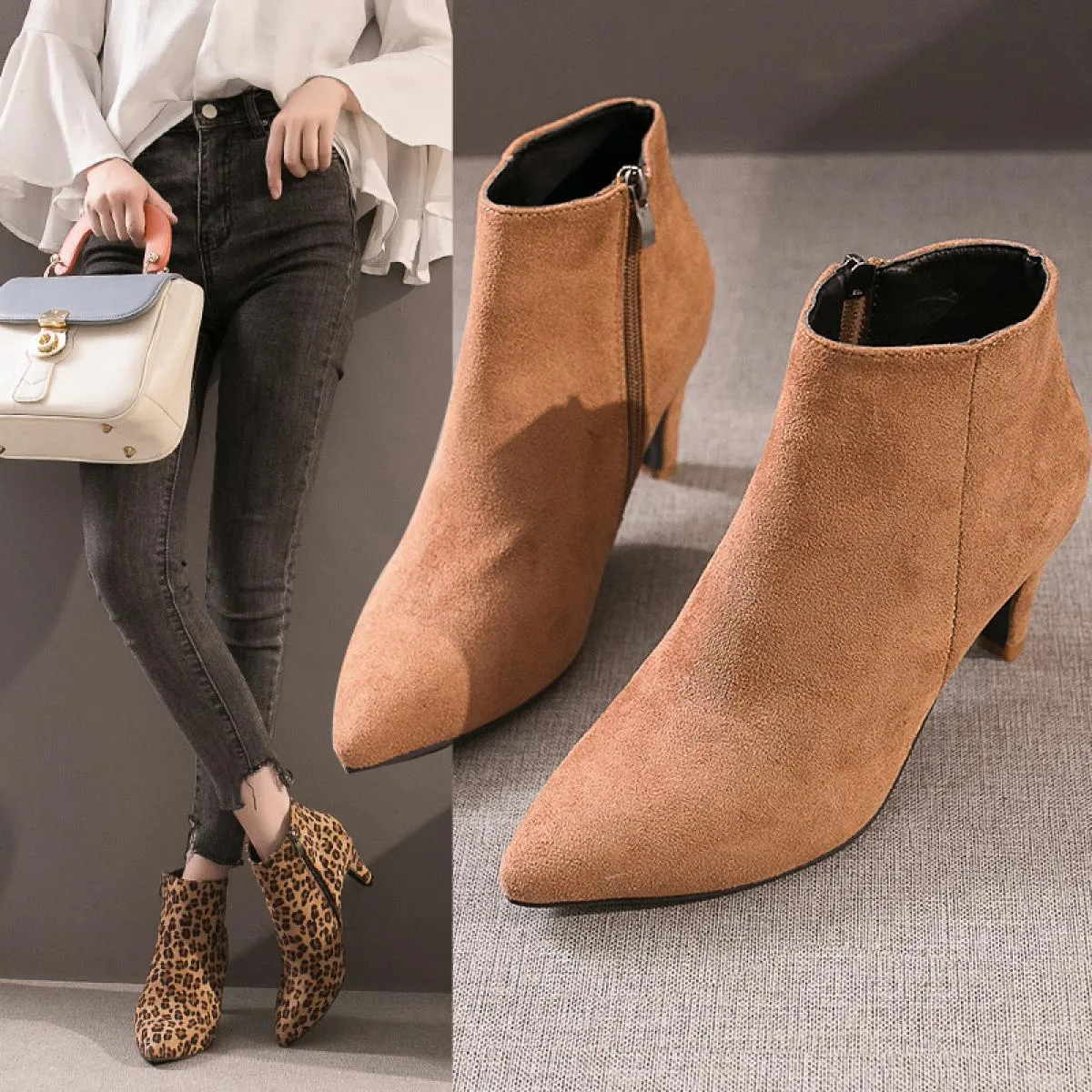 Stivali Donna Stivaletti autunnali Tacchi alti 7 cm Leopardo Stivali invernali corti da donna Scarpe per adulti femminili Scarpe