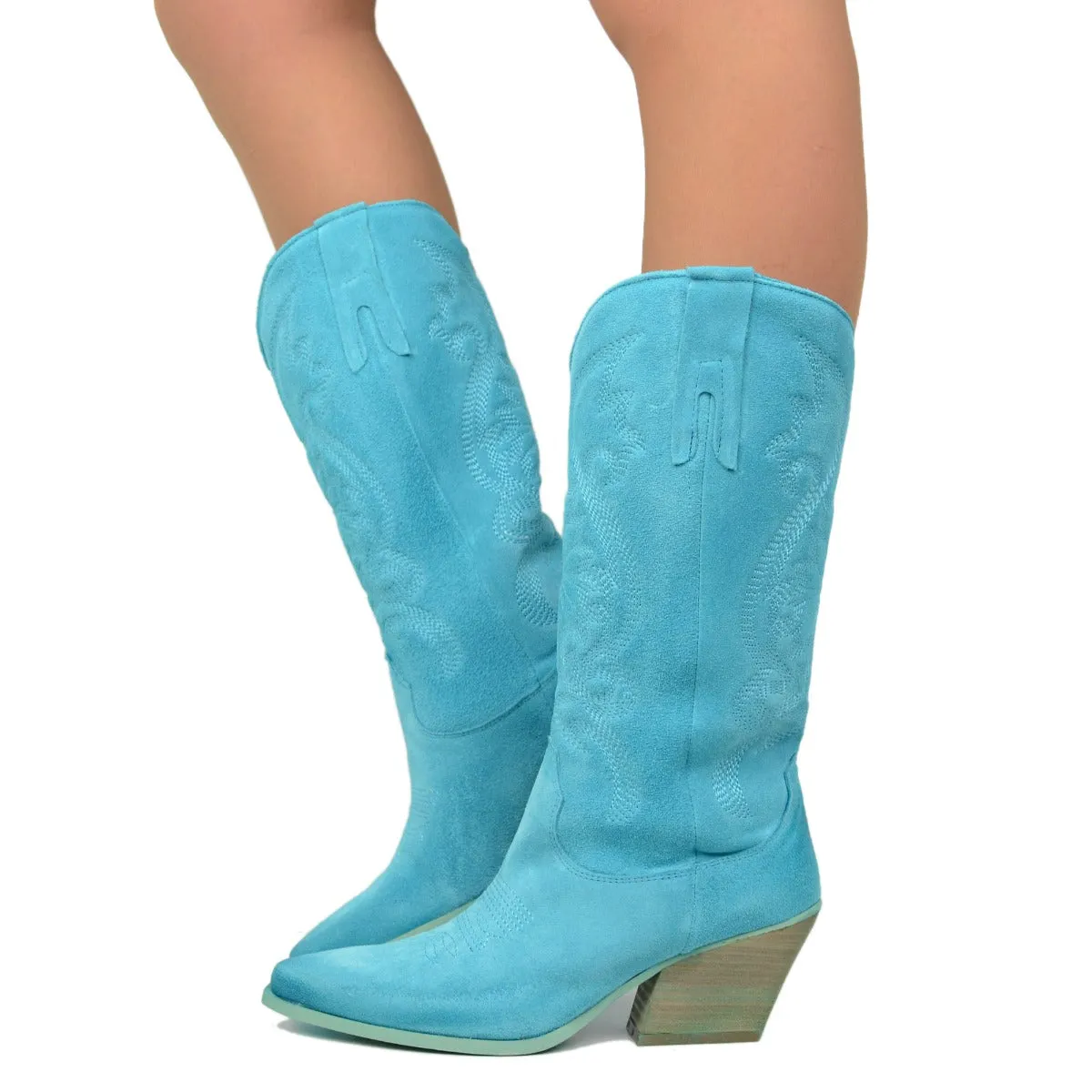 Stivali Donna Texani Estivi in Pelle Scamosciata color Turchese
