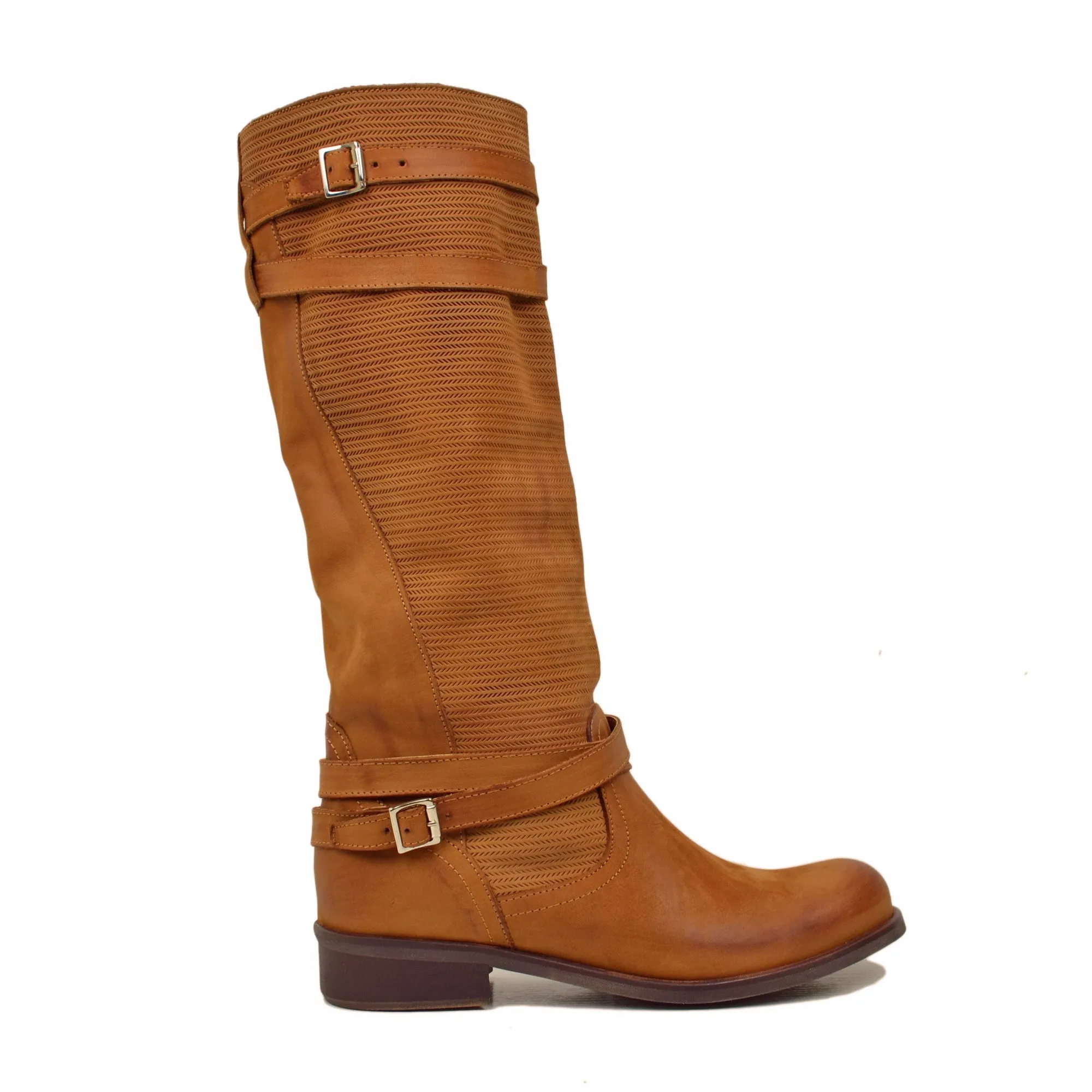 Stivali Estivi Donna in Pelle Nabuk Vintage Zigrinati Marroni