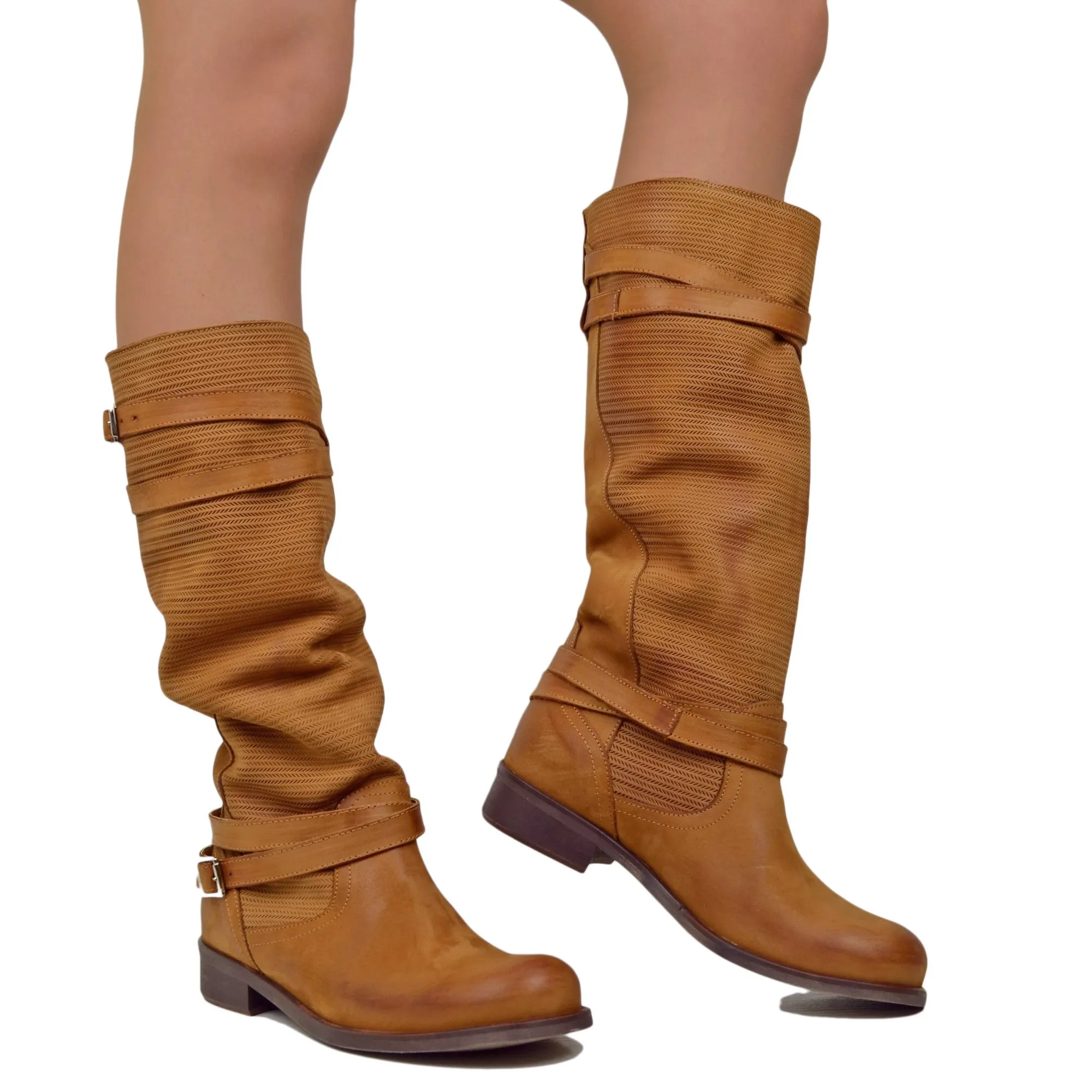 Stivali Estivi Donna in Pelle Nabuk Vintage Zigrinati Marroni