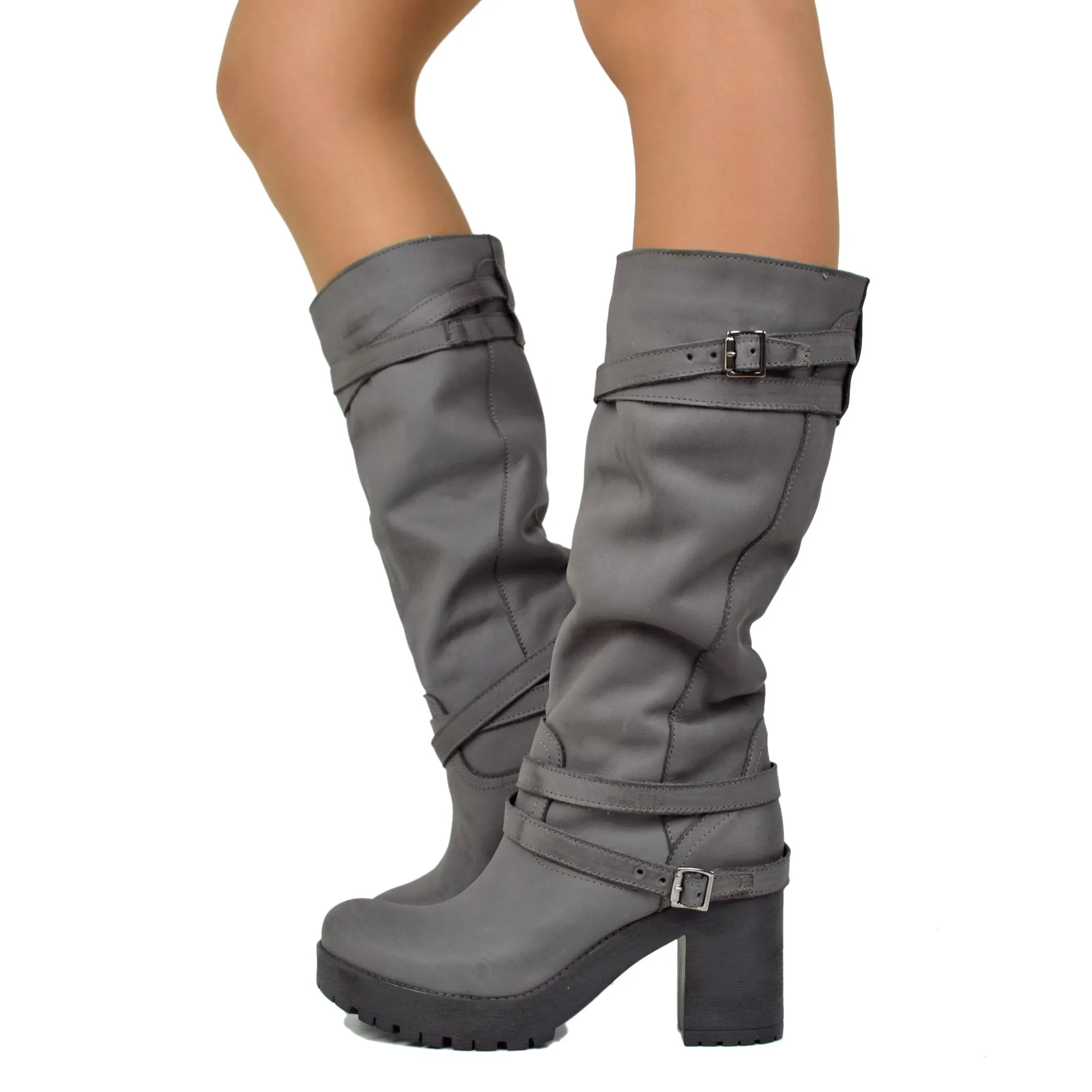 Stivali Platform Donna in Nabuk Grigio con Cavigliera Made in Italy