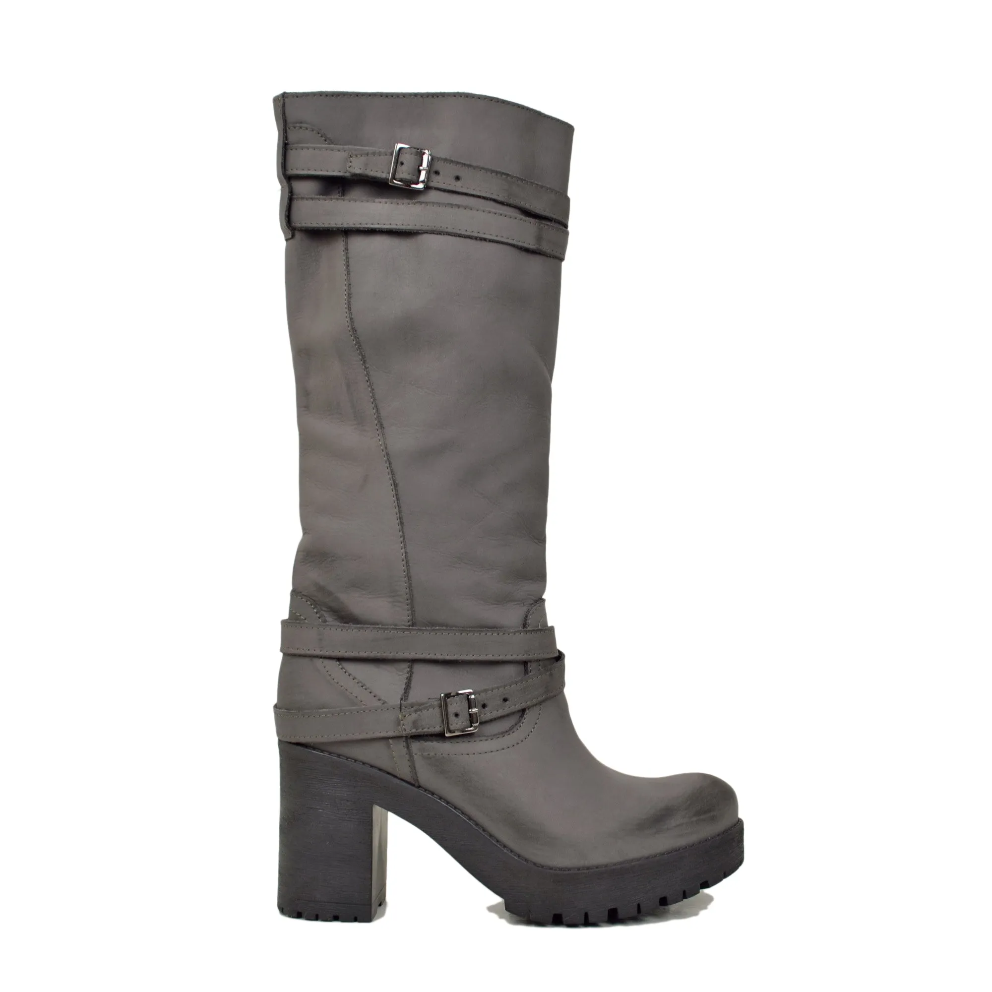 Stivali Platform Donna in Nabuk Grigio con Cavigliera Made in Italy