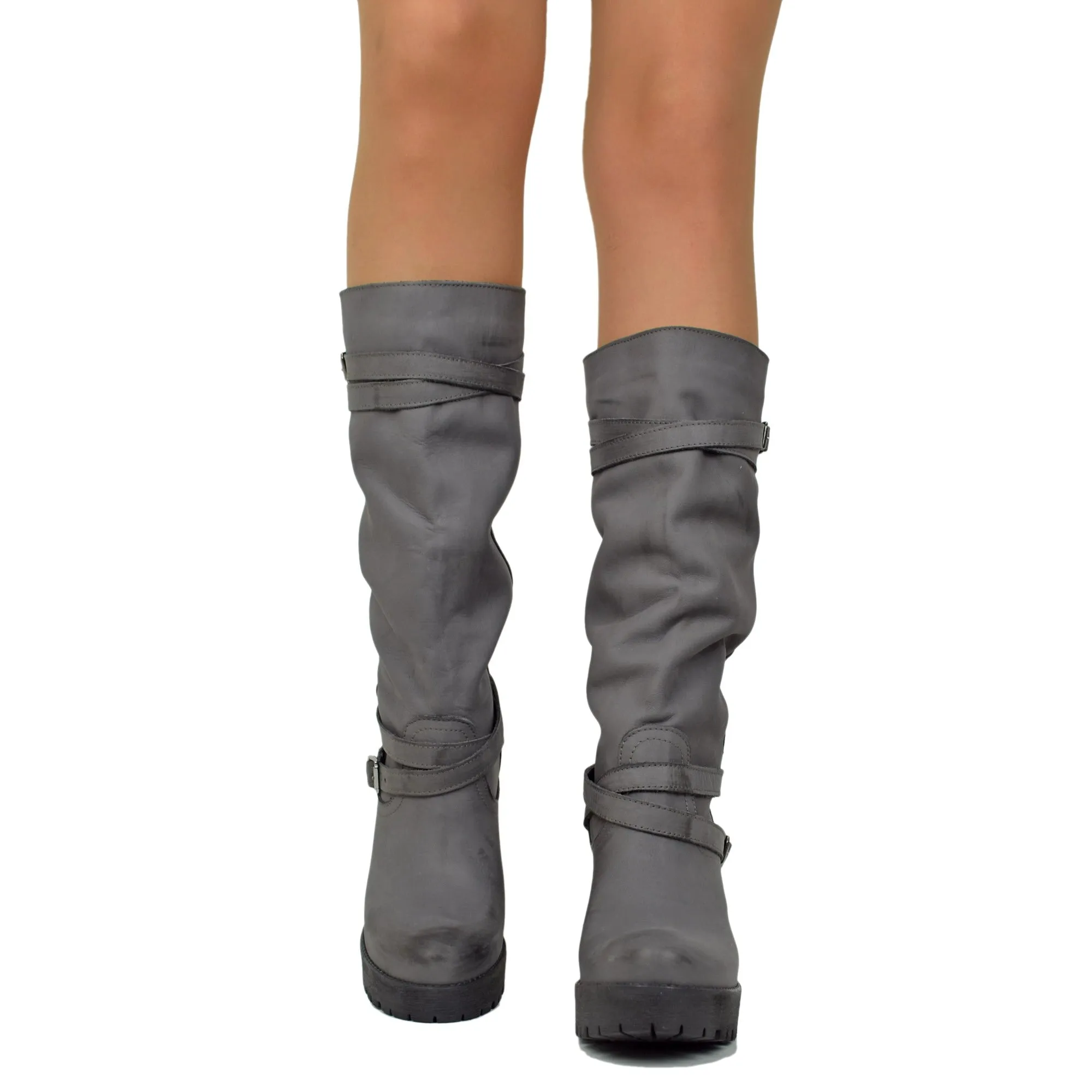 Stivali Platform Donna in Nabuk Grigio con Cavigliera Made in Italy