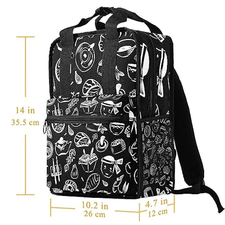 suojapuku Zaino casual per uomo e donna Zaino classico di base,Doodle cibo asiatico al buio,Zaino universitario piccolo zainetto