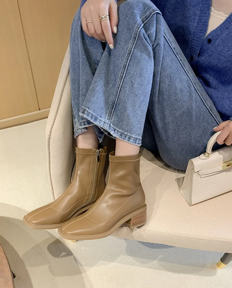 Super morbidi ~ Punta quadrata Stivaletti elastici con tacco spesso per donna Autunno Nuovi stivali singoli kaki Tacco medio Lat