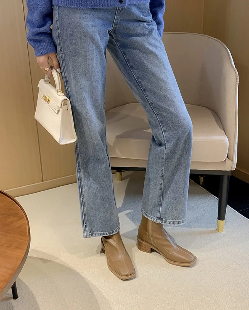 Super morbidi ~ Punta quadrata Stivaletti elastici con tacco spesso per donna Autunno Nuovi stivali singoli kaki Tacco medio Lat