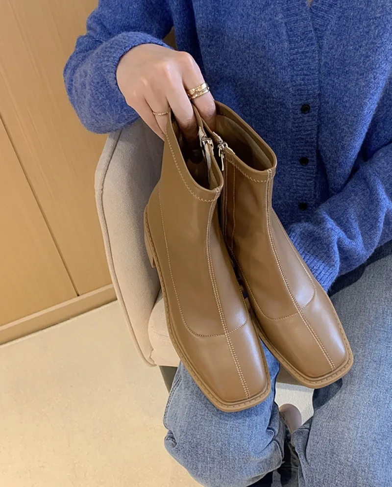 Super morbidi ~ Punta quadrata Stivaletti elastici con tacco spesso per donna Autunno Nuovi stivali singoli kaki Tacco medio Lat