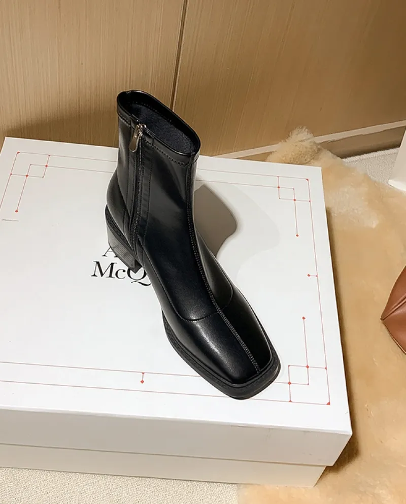 Super morbidi ~ Punta quadrata Stivaletti elastici con tacco spesso per donna Autunno Nuovi stivali singoli kaki Tacco medio Lat