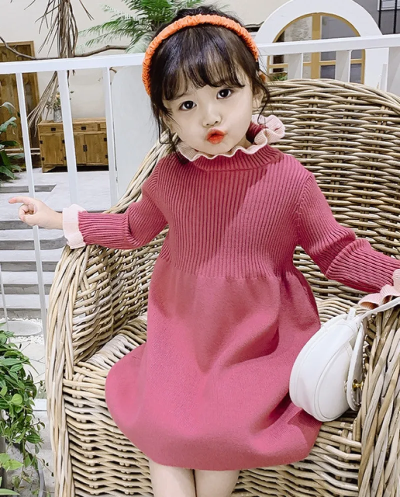 Vestito da maglione per bambina per bambini Inverno in lana fine tinta unita Fungo